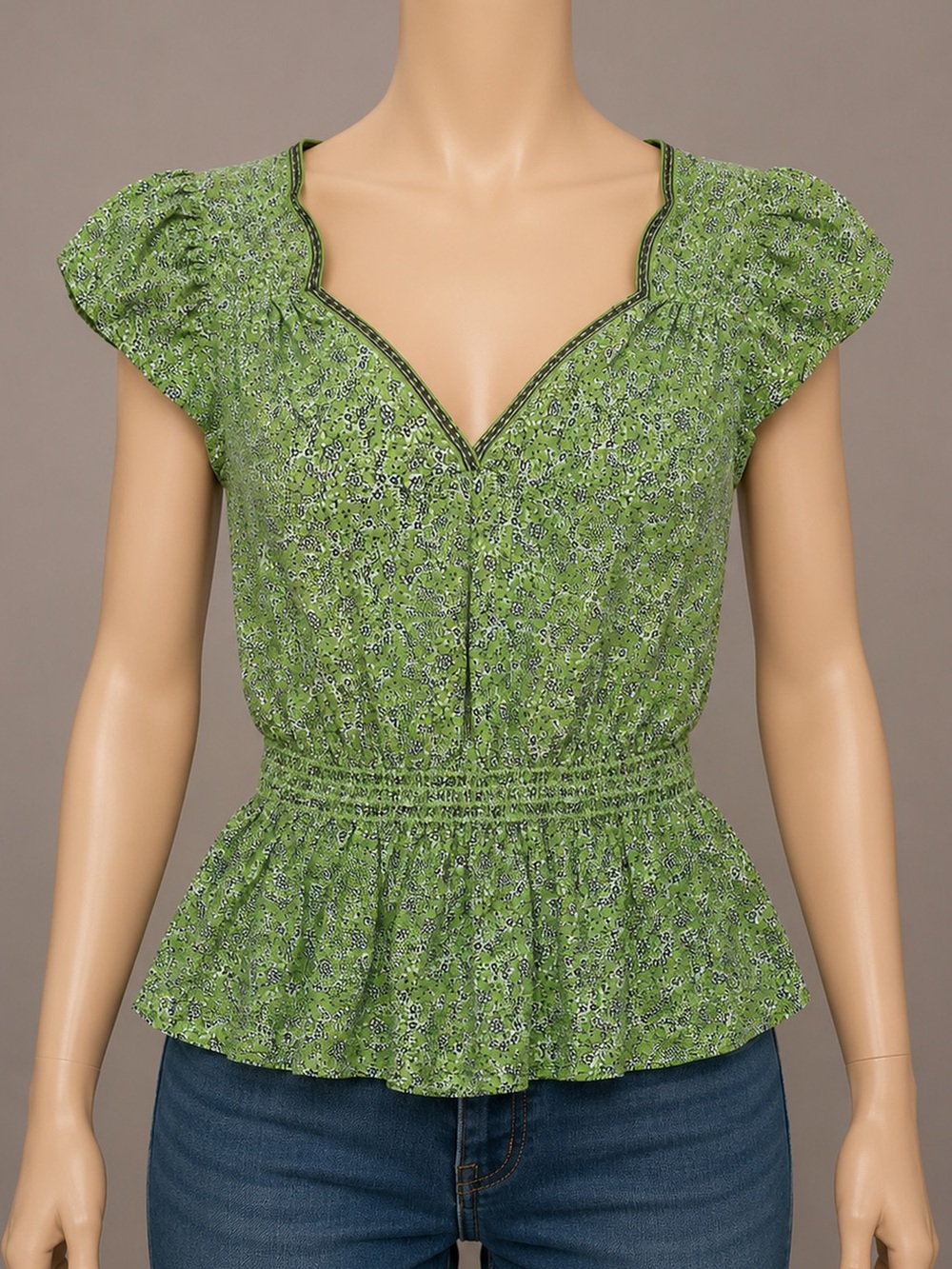 Max Studio Green Floral Peplum Top V-Neck Puff Sleeve XS